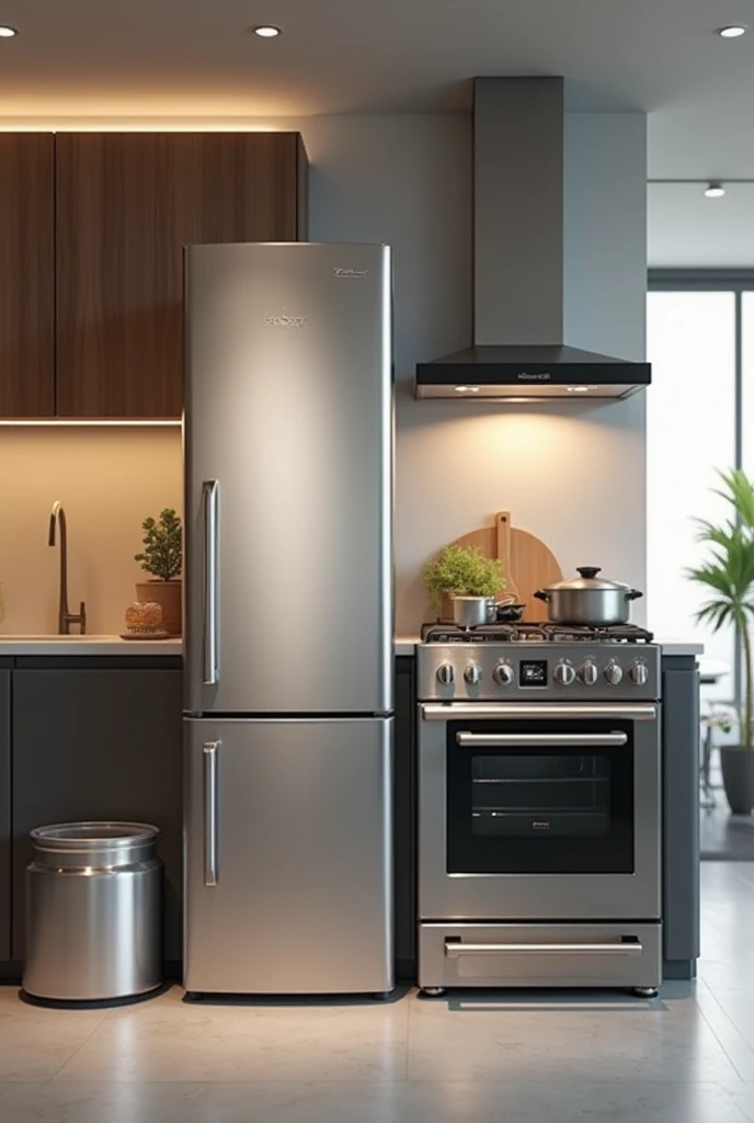 (photorealism:2.4), kitchen room, kitchen appliances showcasing refrigerator, rice cooker and gas range
