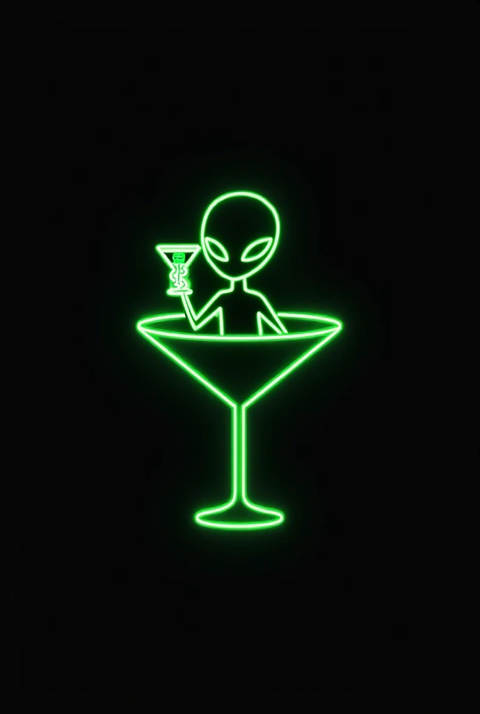 Logo for business , 2d , Black background , neon green colors  , Relaxed alien toasting with a cocktail in his hand,inside a UFO-shaped cocktail glass with text: Alien Cktl . minimalist
