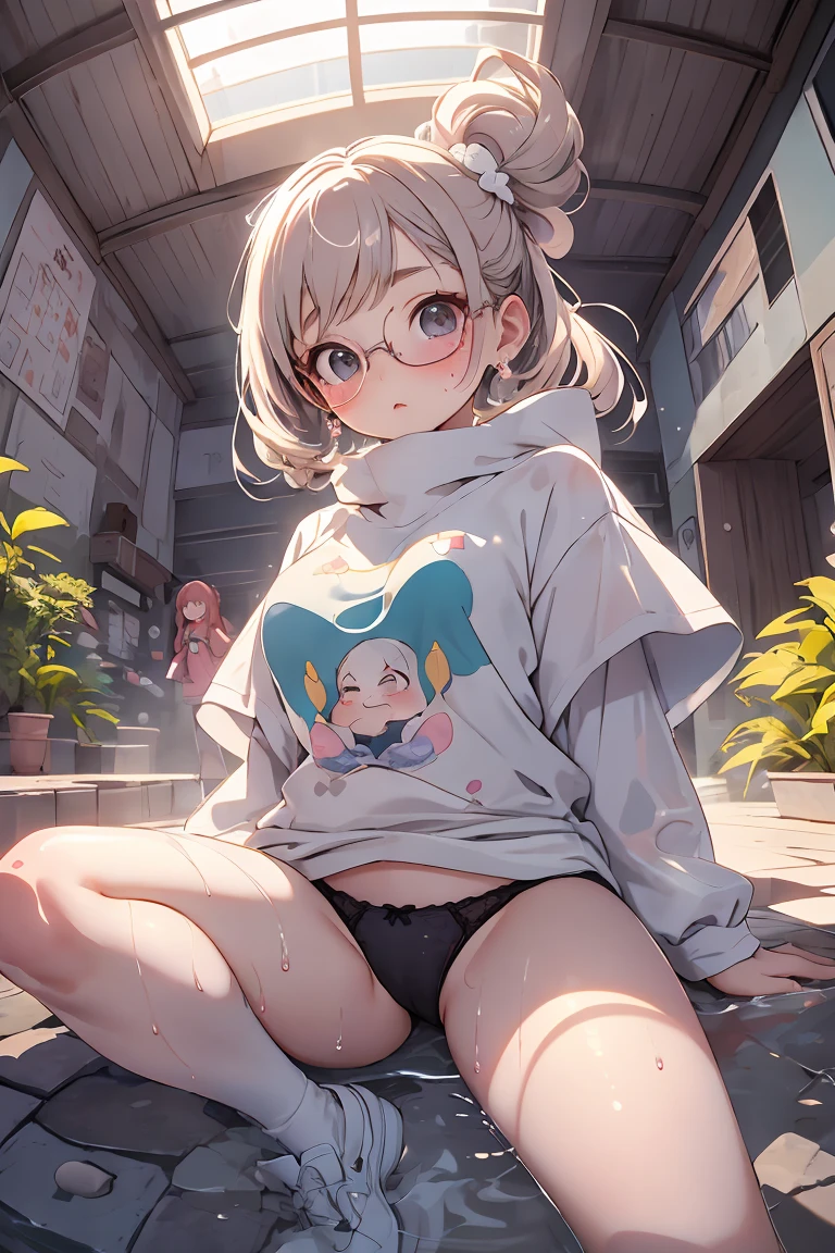 childish, high quality、Ultra-detail、(1 Girl in:1.3)、indoor、Elementary school Girls、 Girl,,Chairman type,I wear glasses,To eyebrows,Plump,Obesity body,pummelig,M-shaped legs、very tight t-shirt with Precure pattern and character print,small, Plump,White, see through, Wet Underwear,cameltoe, wet panties, Fourth grade elementary school students、(small ,Chiquita,for ,smallwuchs),A Girl with small breasts、,Sit down、spread legs、Complex architecture、lush garden、and create a sense of peace and spirituality。Designed with a fisheye effect image, that captures a wide field of view with a unique curved viewing angle。Panoramic cityscape、dramatic skyline、breather、Creating a roof view in a challenging urban space