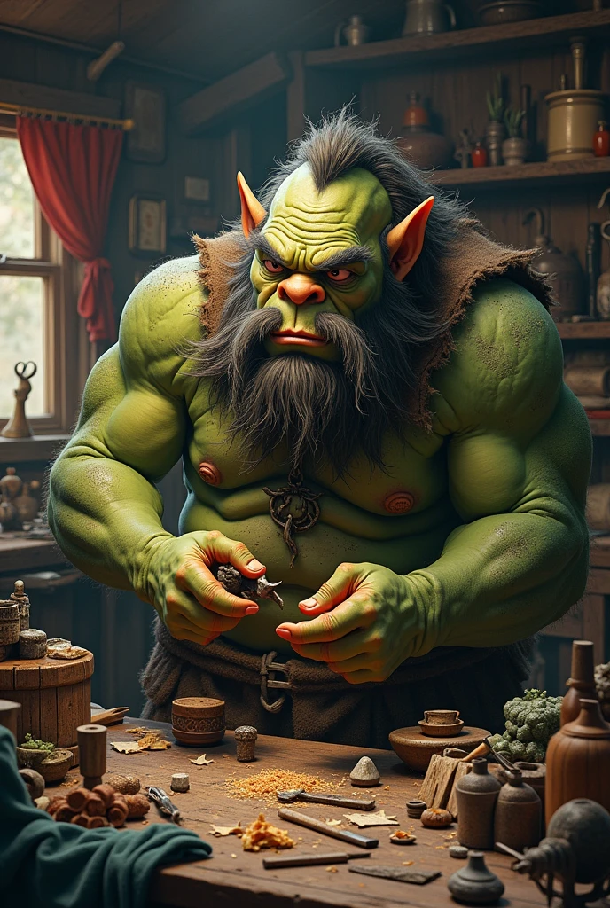 An ogre with a long beard and mustache doing crafts 