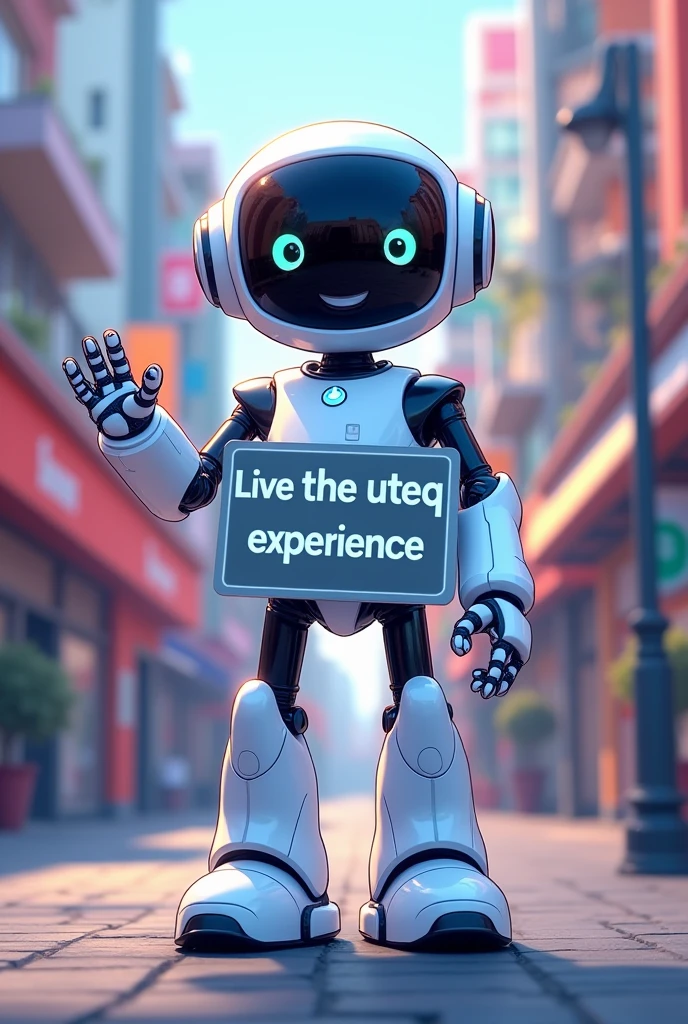 HELLO HELP ME CREATE A TALL, NICE, YOUNG, AND VERY FRIENDLY WHITE ROBOT FOR TEENAGERS BETWEEN 17-2, BUT MAKE IT MORE ANIME, LIKE A CARTOON, 
PERFECT NOW THAT SAME ROBOT MAKE IT WAVY WITH ITS HAND NOW WITH A SIGN THAT SAYS "LIVE THE UTEQ EXPERIENCE" 