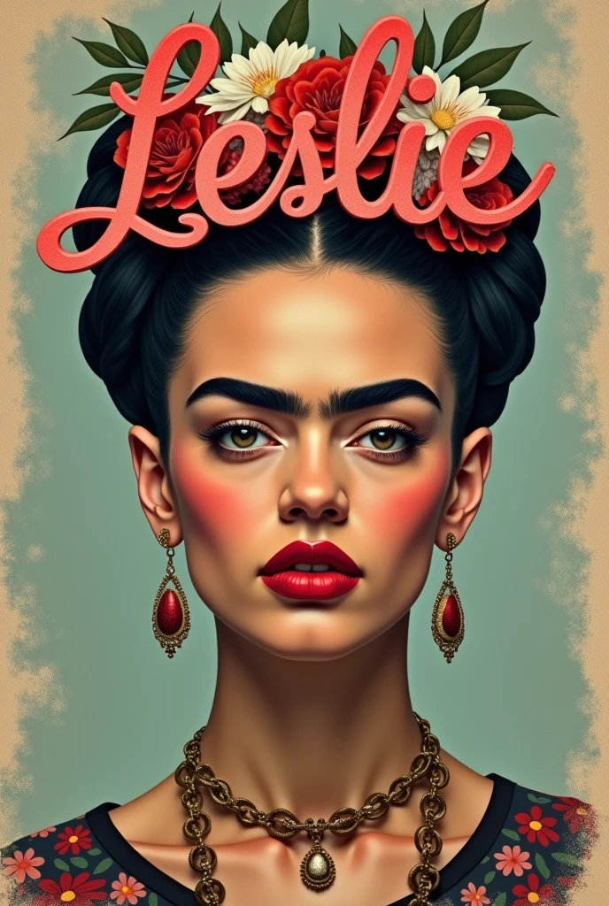 Frida Kahlo with the name LESLIE in large cursive letters.