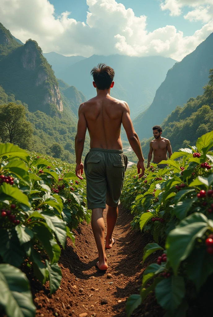 The subject is a young Colombian, brownish skin, delgado, combined Latin features combined with Nordic ones, barefoot, shirtless, With a mulberry tree he picks coffee in the coffee plantations of Colombia, mountains in the background, rio, clouds, coffee plantations and other very handsome young men picking coffee, oil painting, cinematic, opaque colors, very precise lines, realism+reslism, symmetrical composition, enthusiastic atmosphere