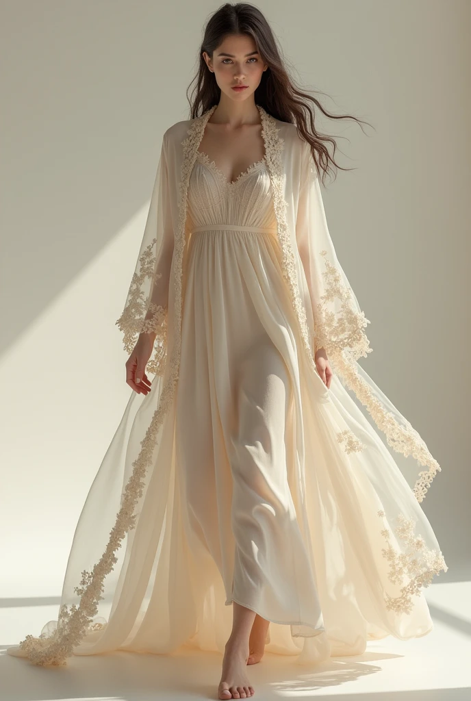 Girl in a long-waisted white satin robe with long, loose lace sleeves and delicate floral embroidery, in all its extension, This was held by a ribbon stuck in her waist, Underneath this a plain beige sleeveless dress reaching below the knees.
