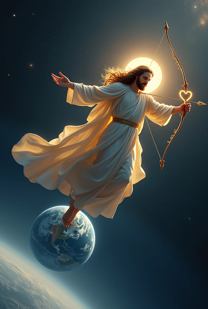 Jesus levitating with a bow and a heart-shaped arrow aiming at planet Earth