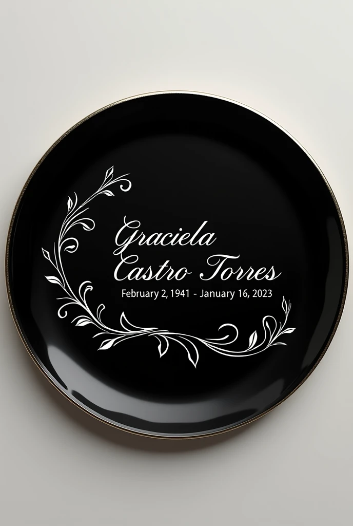 (((Flourish name Graciela Castro Torres on black round plate with silver border 02/02/1941 a 16/01/2023)))