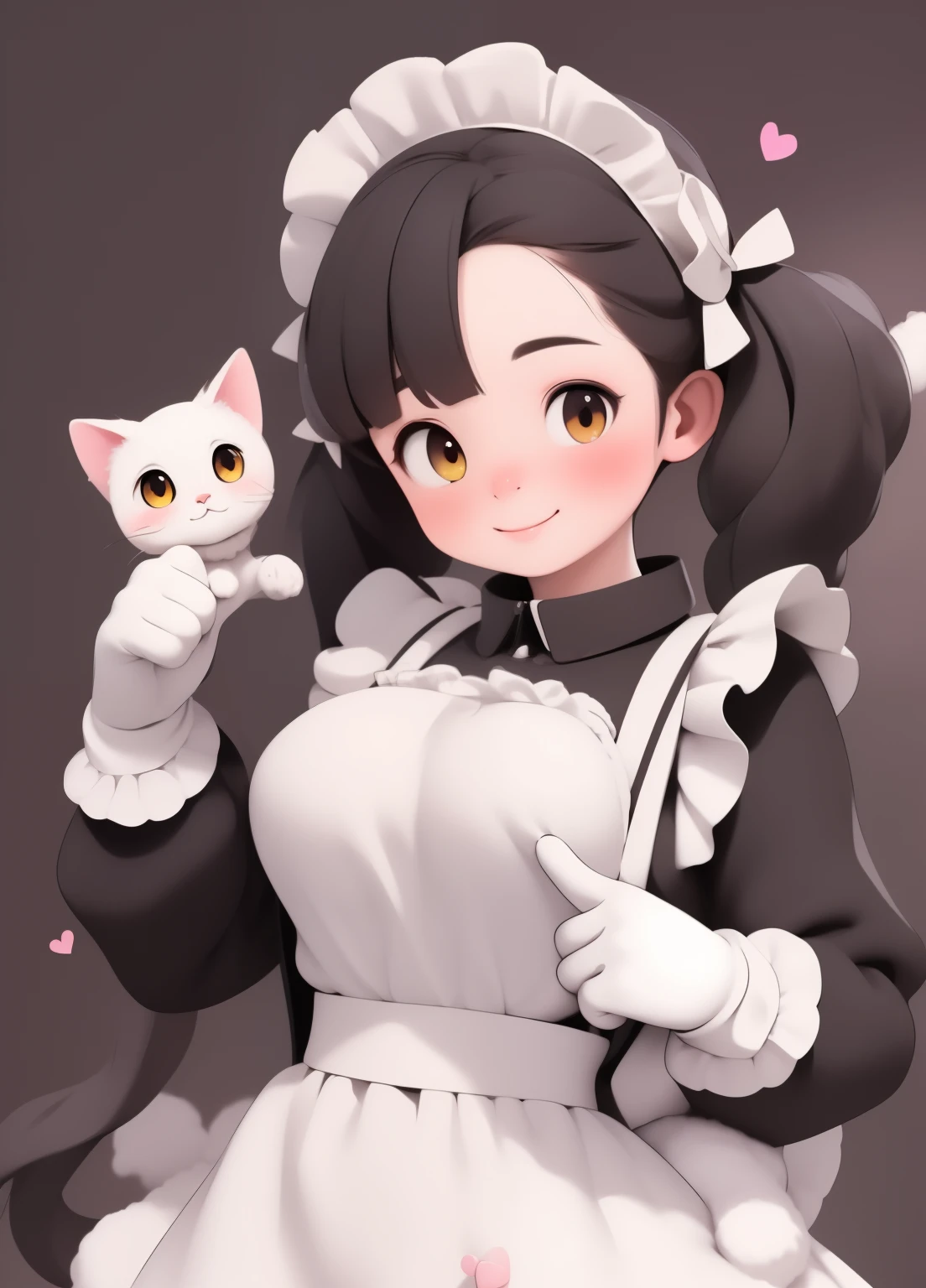 (masterpiece、Highest quality、Highest quality、Official Art、Beautiful and beautiful:1.2)、(One person:1.3)Hatsune Miku、Twin tails,Beautiful breasts, Katsushika Hokusai,Huge Solo Female, Mansion, Muscular, Short black hair covering one eye, Yellow Eyes, pinpoint pupils, Cat ear, Feline tail, maid, Muscular, Broad shoulders, Very large breasts, A kind smile, Slave, Cat bell collar, Puffy collar, Long sleeve, Dark Skin, close, Modest and conservative dress, Fluffy apron, Covered breasts, White gloves, Heart finger gesture