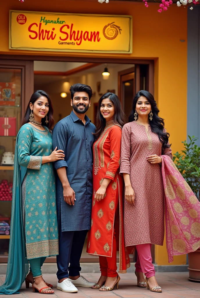 Make A advertisment photo to share on social media ads of my new garments shop opening in "Barau" Town named "Shri shyam Garments" where I will sell all clothes for mens, women's,kids and footwear too in Hindi language
