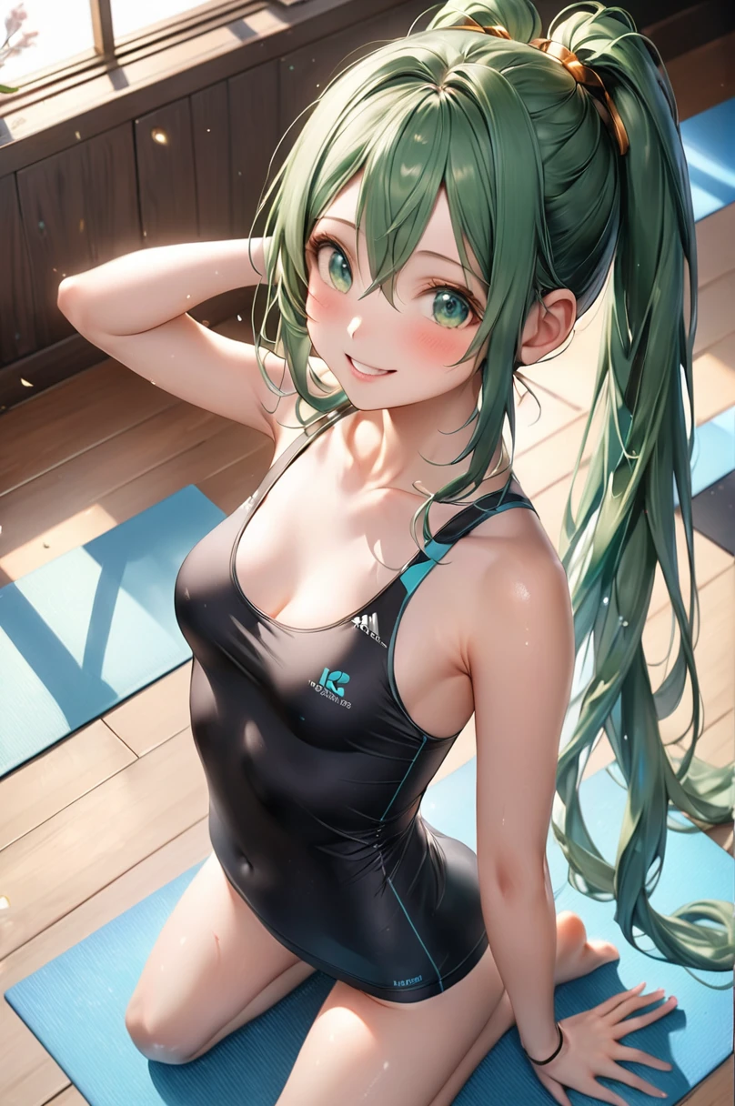 One beautiful girl、Hatsune Miku、、Small breasts, B cup、How tall are you１７２㎝、Weight is４５㎏、Slim figure、Virtual Singer、Miku is a yoga instructor、Appeal your whole body、Taking Action、/She is work in the yoga room /Green Eyes、long green hair、Do Yoga Poses、Smiling and shining in yoga class、laugh、Very cute smile、Look at me with a gentle gaze and say hello、Artwork from above、A worldview centered around girls、draw in detail、A girl１background４Draw at a ratio of、4K、８K、Highest quality、Altitude Resolution、Ultimate Painting、Highly original works