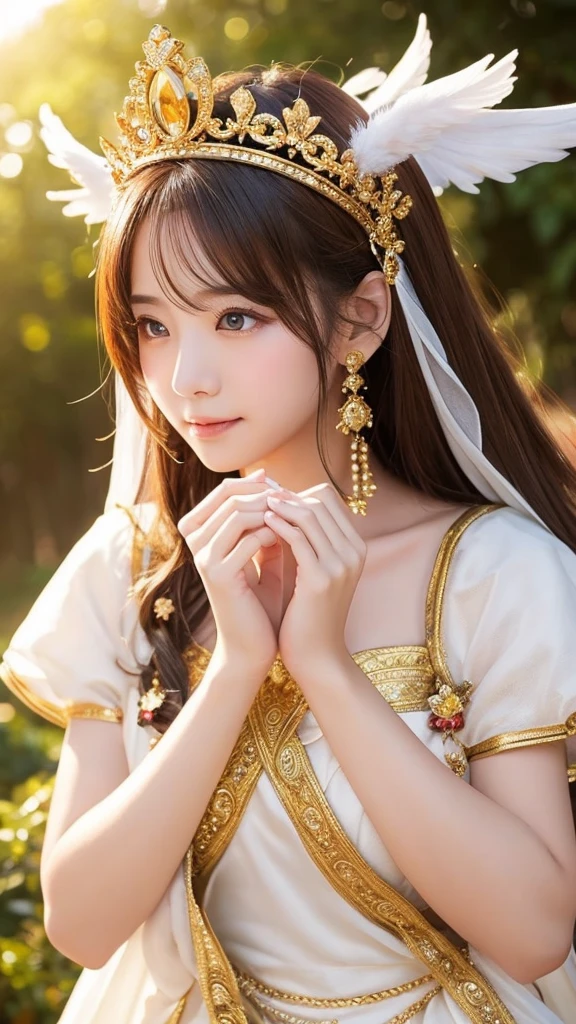 goddess Money nice Crown、Gorgeous angel、The sun is shining from behind、Hands clasped in front of each other、Eye color is brown、Money色の髪、Money色の衣装、Money色よ背景