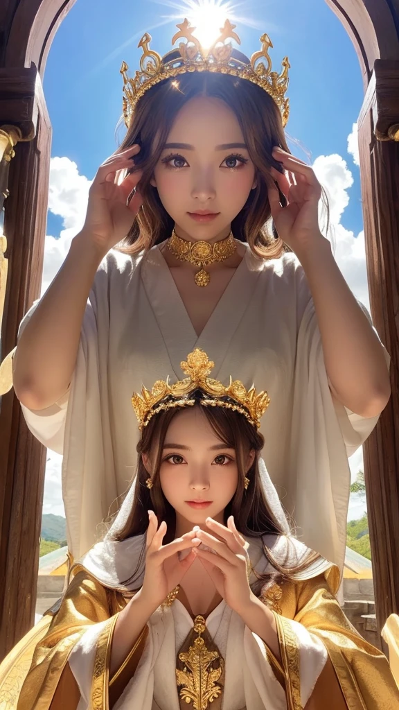 goddess Money nice Crown、Gorgeous angel、The sun is shining from behind、Hands clasped in front of each other、Eye color is brown、Money色の髪、Money色の衣装、Money色よ背景