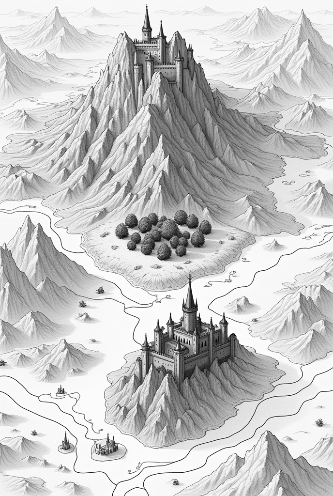 create a black and white topographic map. In the middle of the map there is a place with a small castle below. just below a place surrounded by small trees with a large tree in the middle and further down the map a large place with a dark castle.
