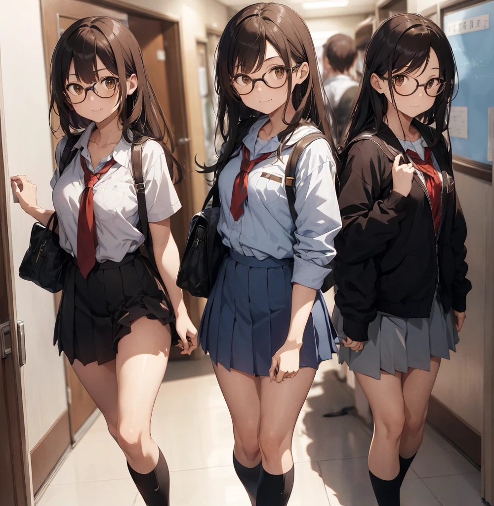 2 female, brown messed up long hair, brown eyes, teenage, chest, legs, school uniform, glasses, in school, guitar, hallway