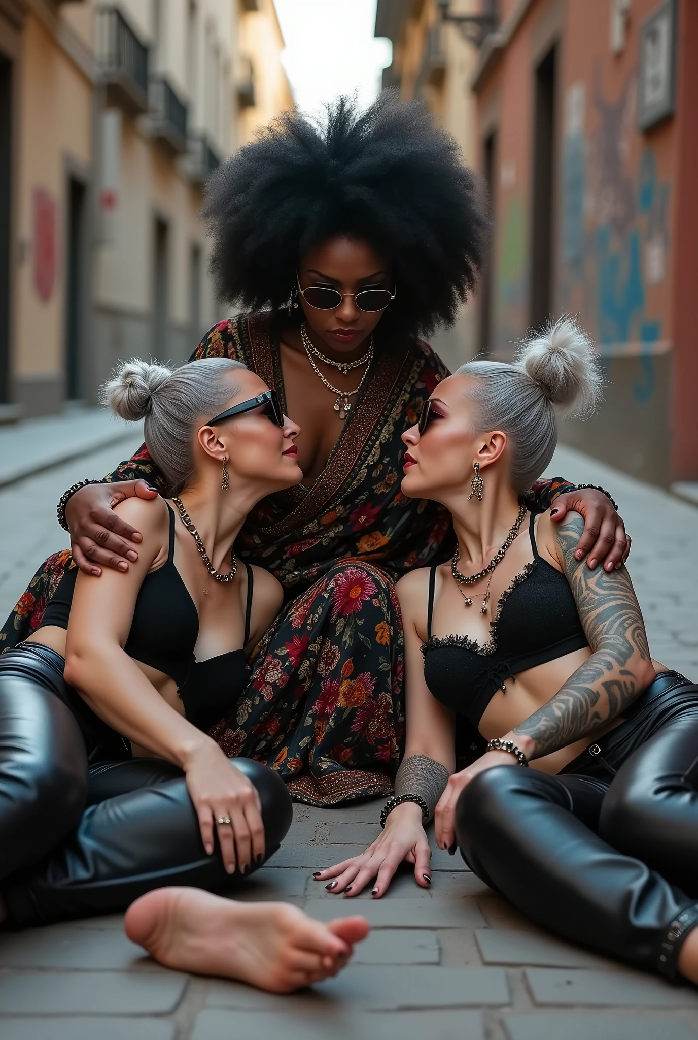 Three russian old milf women: the dominant dark skinned gipsy woman (black afro, long african traditional colourful tunic, barefoot), squatting with possessive stance (arms around her two girlfriends' necks). At her feet, lying on the ground,her two caucasian girlfriends groping and kissing each other, weak, light grey hair, submissive and needy, feeling defeated and needy, in laid back postures with hands touching their thongs or their necks or chest, looking at each other with open mouths, arched back, different clothes but all wearing clothes in rock chic style. grey hair (bouffant, top bun, shaved sides) and oversized square sunglasses. Big lips. Black lace push up bras, silicone breasts,, low rise skinny leather jeans. Both Barefoot.. Lots of thick wide studded bracelets, chain necklaces and big rings,. Long earrings with chains and feathers. Chains around their hips. Lounging lazily on the ground with bended knees, separated legs and arched backs. Lazy, leaning back, laid back pose, separated legs. Neck tattoed, chest tattoed, stomach tattoed, feet, hands, arms and wrists heavily tattoed. Toned abdominals, thin neck, slim legs and thin arms. Narrow hips. Both, open legs. Full body. At a Madrid narrow street with graffitied walls.