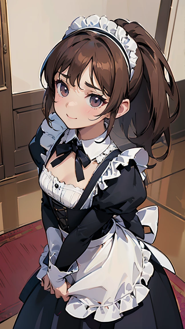 score_9, score_8_up, score_7_up, source_anime, 1girl, black eyes, room, wariza, medium hair, messy ponytail, dark brown hair, gradient hair, portrait, solo, Adult woman, best perfect anatomy, thin, curvy body, flat breasts, curvy body, close up shot on person, a woman showing embarrassment, shy face, blush, light smile, close up shot on person, pov_doorway, a woman showing his hand, mature woman standing poses, wear cat ear kitten headband, maid outfit, Victorian, white format gloves, dynamic angle. perfect dynamic composition, foreshortening, dramatic shading, night days, volumetric lighting, hotel room background,
