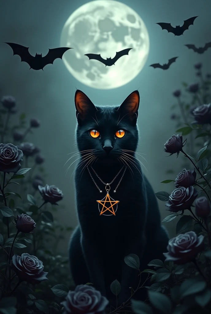 Image with a black cat with orange eyes with a pentagram necklace around its neck in a garden with many very black black roses. It's getting dark and there's a full moon and bats flying around the moon..