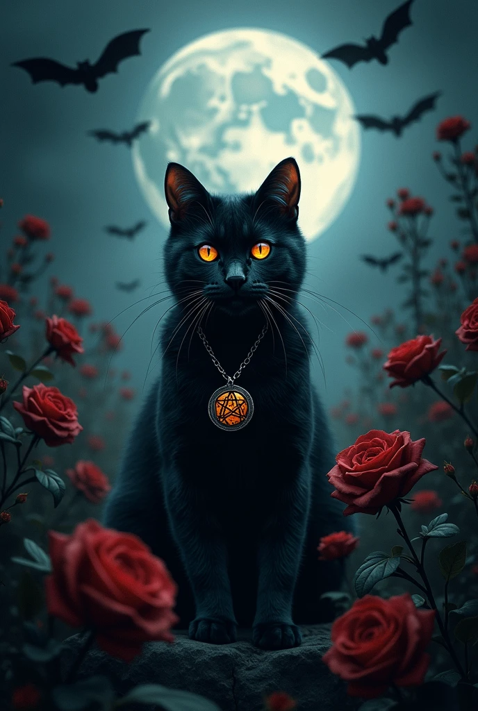 Image with a black cat with orange eyes with a pentagram necklace around its neck in a garden with many very black black roses. It&#39;s getting dark and there&#39;s a full moon and bats flying around the moon..