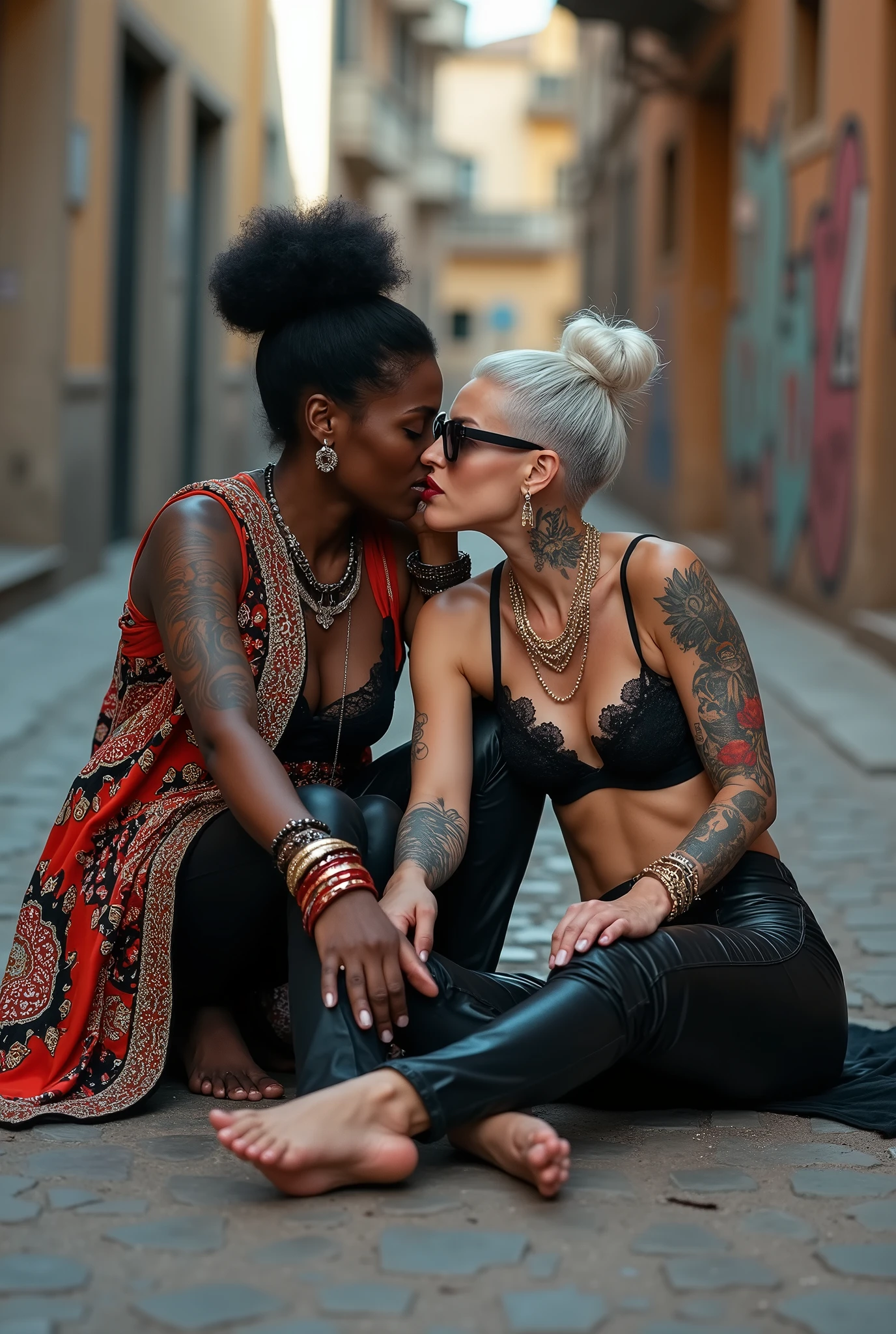 Three russian old milf women: the dominant dark skinned gipsy woman (black afro, long african traditional colourful tunic, barefoot), squatting with possessive stance (arms around her two girlfriends' necks). At her feet, lying on the ground,her two caucasian girlfriends groping and kissing each other, weak, light grey hair, submissive and needy, feeling defeated and needy, in laid back postures with hands touching their thongs or their necks or chest, looking at each other with open mouths, arched back, different clothes but all wearing clothes in rock chic style. grey hair (bouffant, top bun, shaved sides) and oversized square sunglasses. Big lips. Black lace push up bras, silicone breasts,, low rise skinny leather jeans. Both Barefoot.. Lots of thick wide studded bracelets, chain necklaces and big rings,. Long earrings with chains and feathers. Chains around their hips. Lounging lazily on the ground with bended knees, separated legs and arched backs. Lazy, leaning back, laid back pose, separated legs. Neck tattoed, chest tattoed, stomach tattoed, feet, hands, arms and wrists heavily tattoed. Toned abdominals, thin neck, slim legs and thin arms. Narrow hips. Both, open legs. Full body. At a Madrid narrow street with graffitied walls.