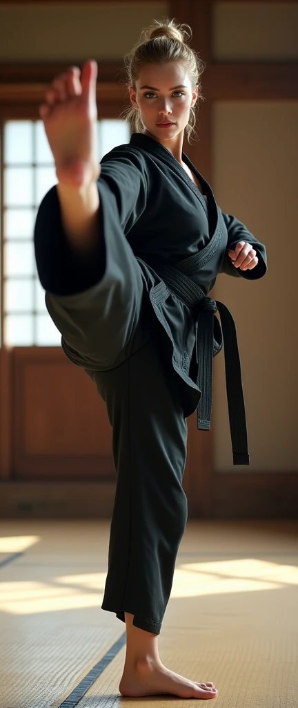 Karate pose, Dynamic pose, ((kick)), Front view , Full- body, beautiful Russian woman, 3, (blond hair, short pony tail , Gray eyes, Beautiful Lips,, serious), (middle Breasts, middle Hips) ,((Karate clothes, Karate underwear, Black obi)), (White underwear), At the Karate Dojo, Standing on tatami mat, Textured skin ((Surrealism, Fujicolor, Fujifilm, UHD, retina, masterpiece, accurate, anatomically correct, textured skin, super detail, high details, high quality, best quality, 8k))