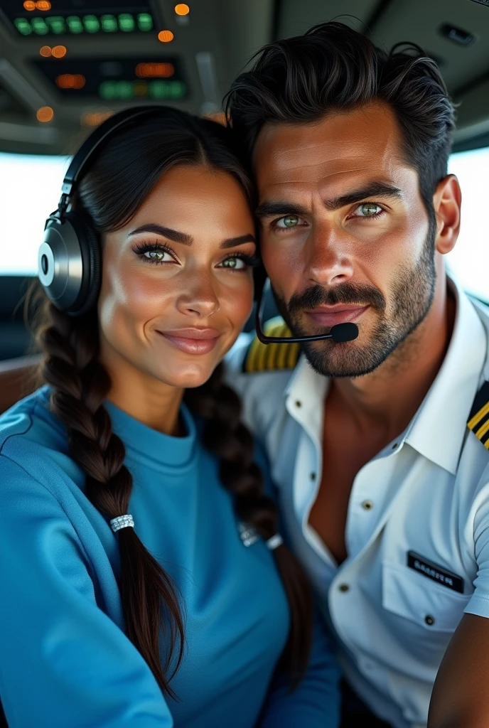 (photorealism: 1.2), hot brazilian sexy girl in sexy dynamic pose. raw portrait photography, hyper realistic and detailed face, complex and realistic skin texture, hot body, athletic body, smiling, long black hair with braid, dressed with long blue sweatshirt and headset with microphone with with the pilot, handsome tanned guy, Brazilian, beard and beautiful smile, green eyes, black hair, white pilot shirt in the cockpit airbus