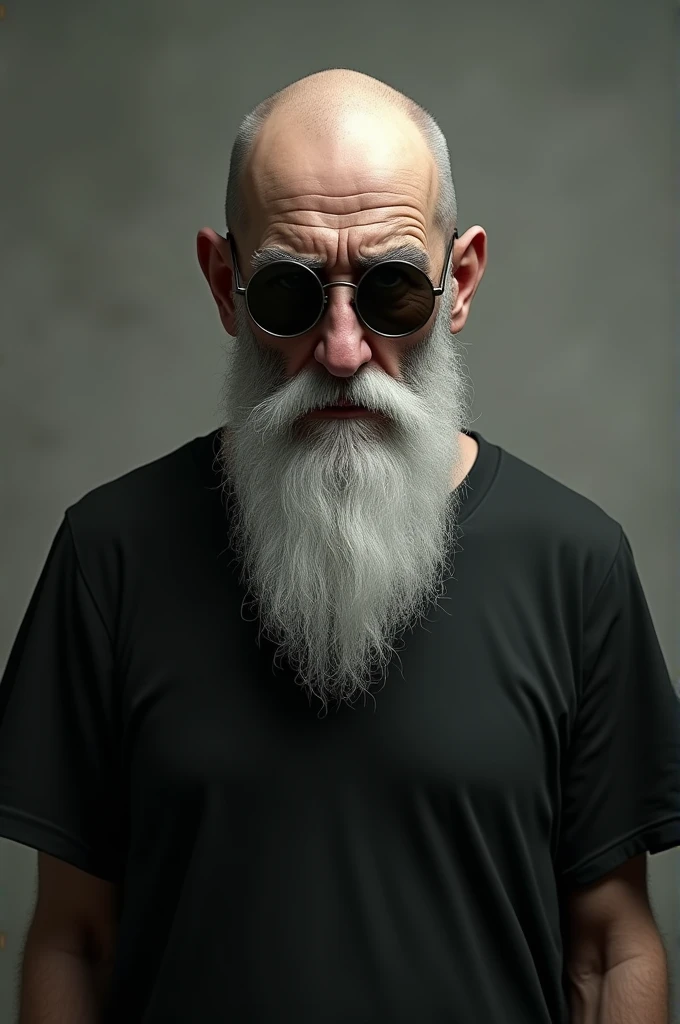 white male , thin face , crooked nose, shaved head , white beard, round glasses with dark lenses , black tee 