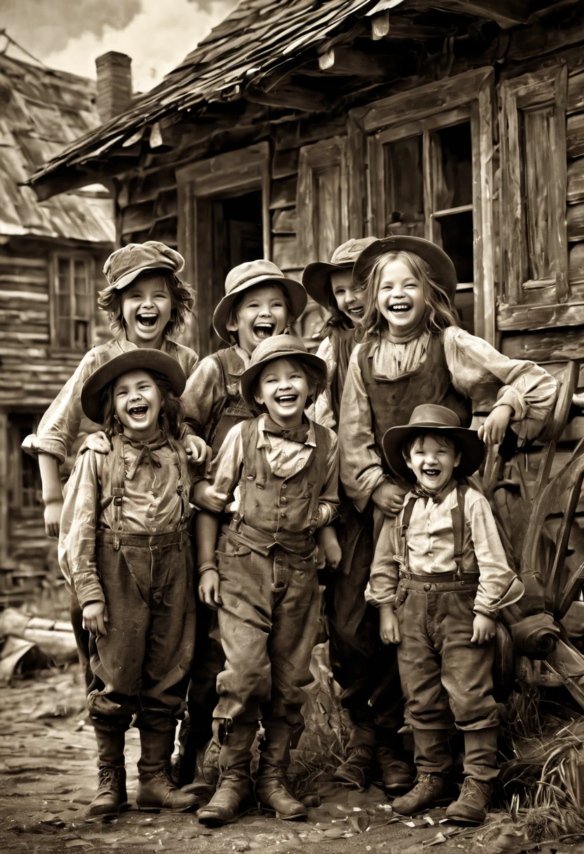 a group of mischievous children in ragged clothing, laughing in front of a ramshackle house, 1850s America, gold rush, monochrome, retro, (best quality,4k,8k,highres,masterpiece:1.2),ultra-detailed,(realistic,photorealistic,photo-realistic:1.37),HDR,UHD,studio lighting,ultra-fine painting,sharp focus,physically-based rendering,extreme detail description,professional,vivid colors,bokeh,historical,vintage,sepia