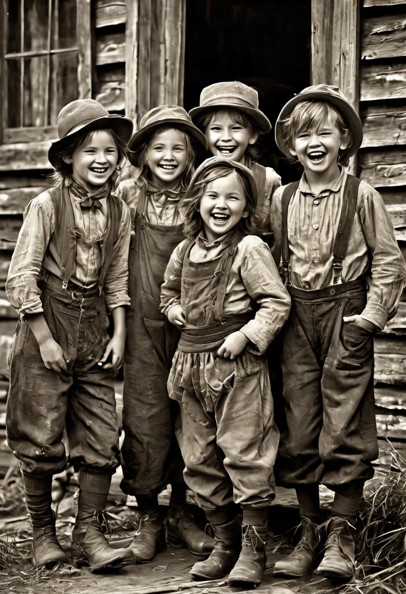 a group of mischievous children in ragged clothing, laughing in front of a ramshackle house, 1850s America, gold rush, monochrome, retro, (best quality,4k,8k,highres,masterpiece:1.2),ultra-detailed,(realistic,photorealistic,photo-realistic:1.37),HDR,UHD,studio lighting,ultra-fine painting,sharp focus,physically-based rendering,extreme detail description,professional,vivid colors,bokeh,historical,vintage,sepia