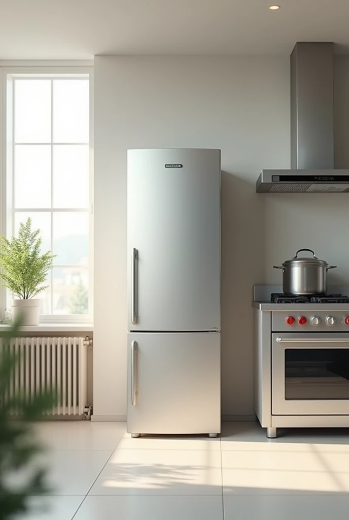 (photorealism:4.2), kitchen room, kitchen appliances showcasing refrigerator, rice cooker and gas range
