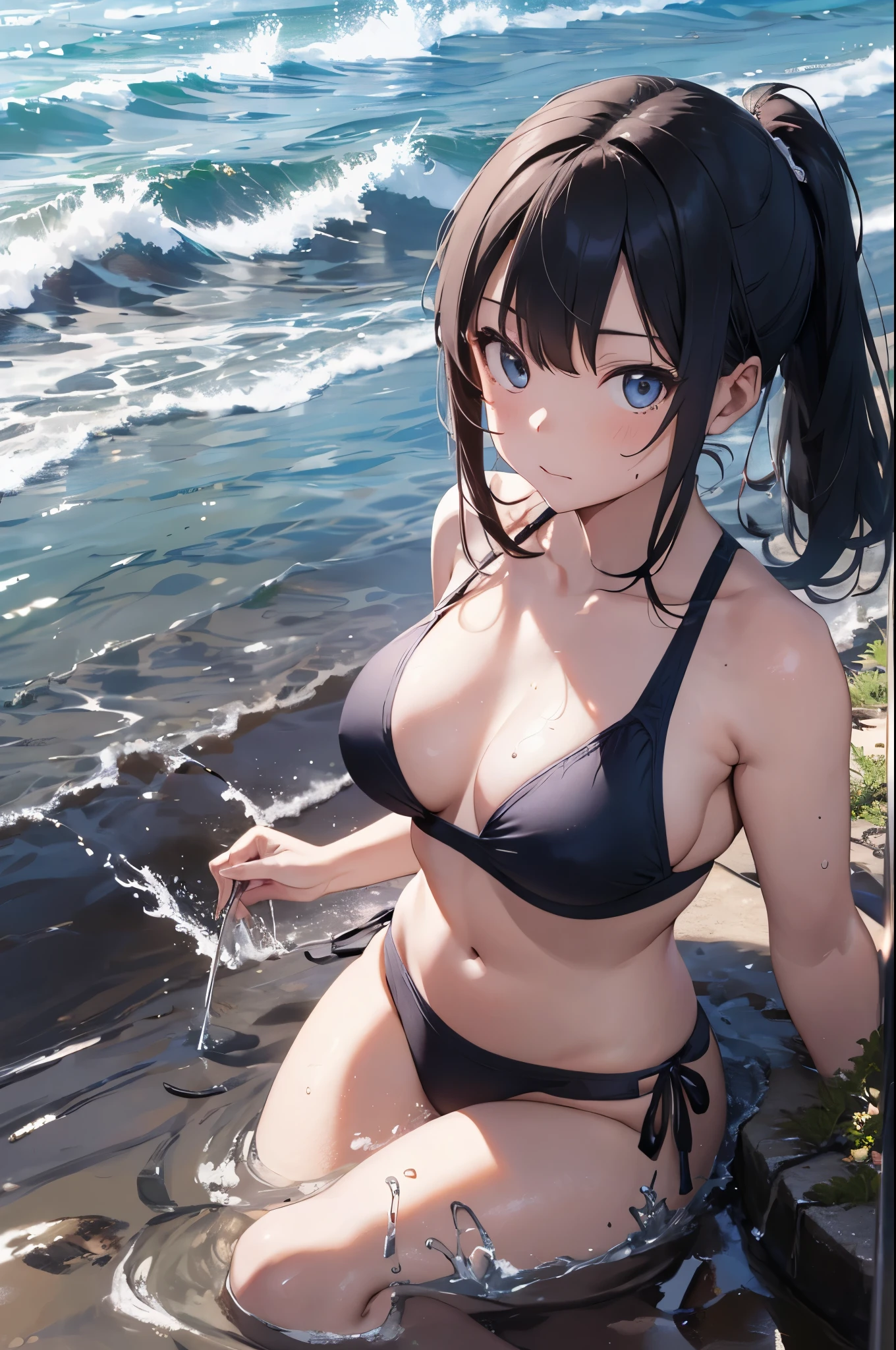 4K,8k,High resolution,Pink Swimsuit、
Quite a young woman,Blue Hair、Ponytail Blue Swimsuit、
(Soft Saturation:1.3), (Fair skin:1.2),
(ultra-Detailed Background, Detailed Background), Bokeh,
break&#39;Smiling portrait.,
When viewed from the front, The composition is symmetrical,
Looking straight at you with serious eyes,
break Swimwear, Blue Bikini, Center of chest, 
Outdoor, Sea surface, null, sunlight,Summer beach, Sandy Beach,
Strong light, Front lighting, 
(:1.3), (Cowboy Shot:1.2),
Front brake angle,
View your viewers,
Dynamic pose,
sitting on the beach
Wakame seaweed、Wakame seaweed、
Seaweed、Seaweed、Seaweed、Seaweed、Seaweed、Seaweed、Seaweed、