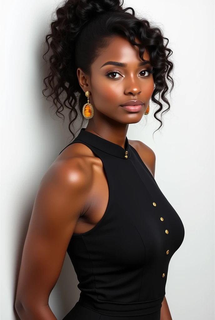A Brazilian mulatto woman with dark hairs in ponytail. She is wearing a black office dress. Three quarter portrait on white background. Straight posture. She wears beauty amber stones earrings and golden beads.
