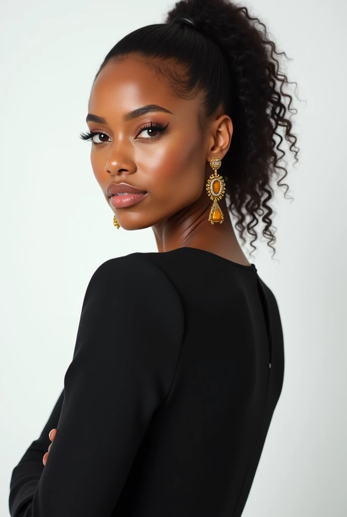 A Brazilian mulatto woman with dark hairs in ponytail. She is wearing a black office dress. Three quarter portrait on white background. Straight posture. She wears beauty amber stones earrings and golden beads.