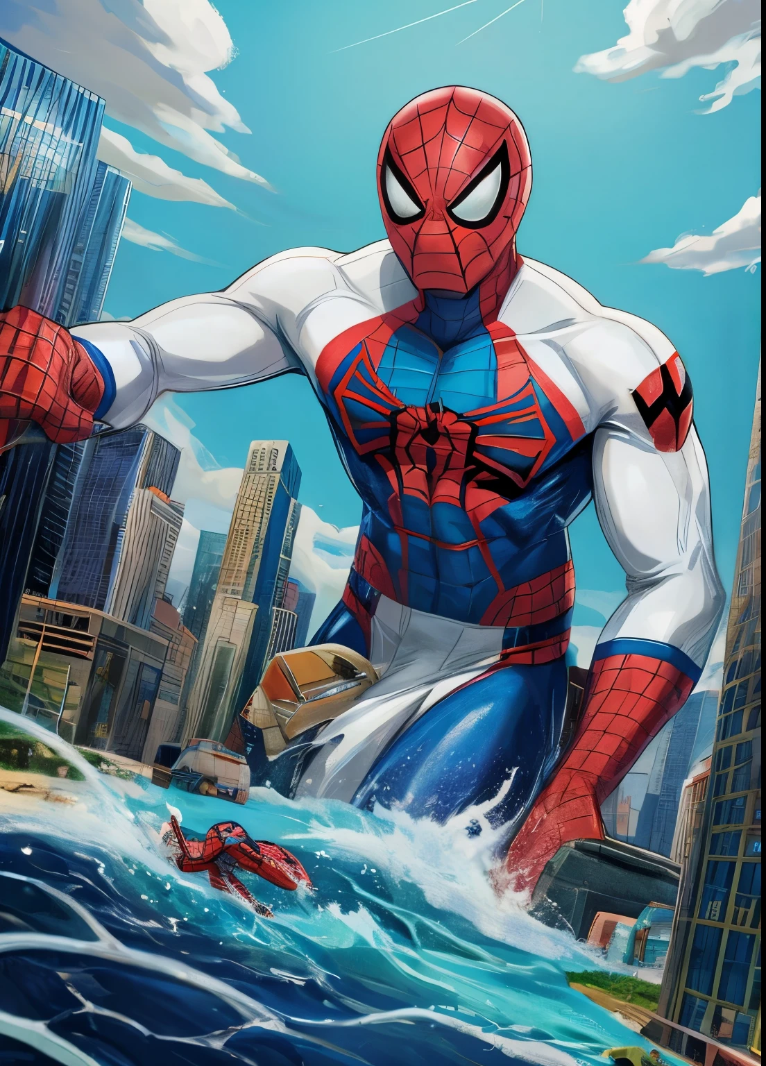 Slim spider man with webbing but in a white suit with bright turquoise eyes in comic book style art, macro