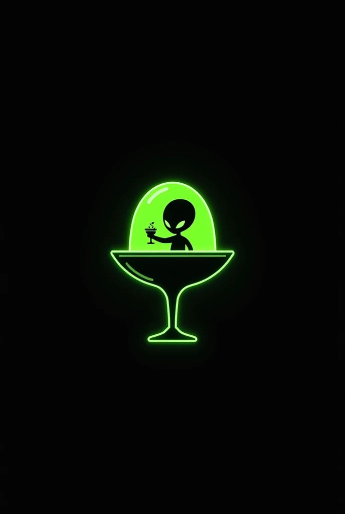 Logo for business , 2d , Black background , neon green colors , Relaxed alien toasting with a cocktail in his hand,inside a UFO-shaped cocktail glass with text: Alien Cktl . minimalist