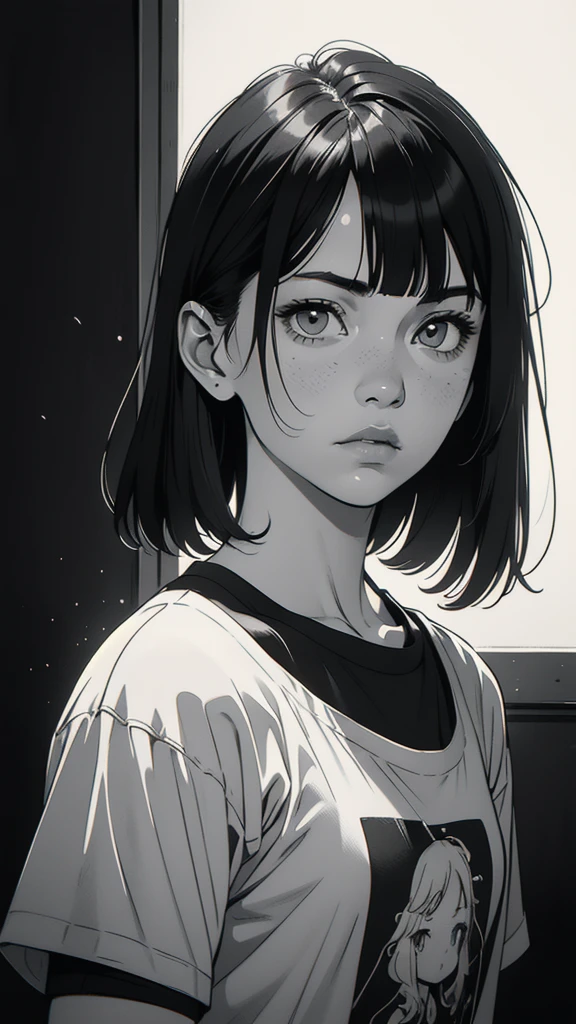 1 boyish girl, solo, sharp eyes, expressionless, monochrome, greyscale, short black hair, portrait, white T-shirt, closed mouth, looking at viewer, graphite \(medium\), detailed lips, hatching \(texture\), without makeup, bangs, upper body, (best illustration), (best quality), (very detailed), (masterpiece), expressionless,