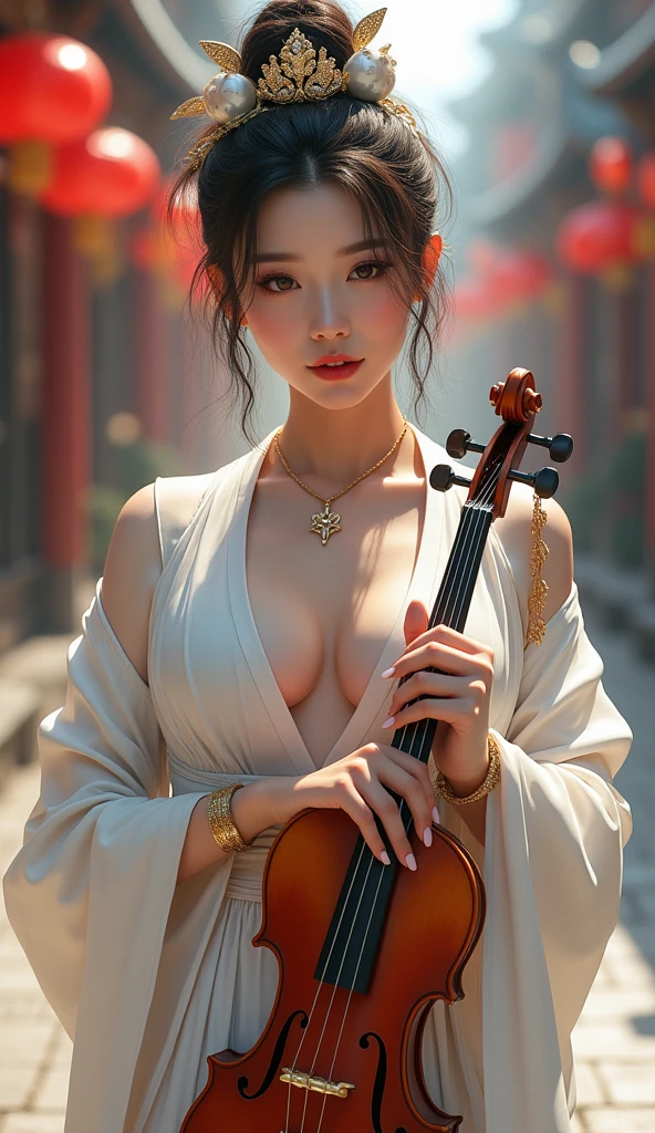 a close up of a woman holding a violin on a street, chinese style, Detail of a round, plump, solid chest, visible cleavage, full body xianxia, queen of the sea mu yanling, white hanfu, style of guo hua, traditional chinese, hanfu, yanjun chengt, xintong chen, inspired by Huang Ji, li zixin, inspired by Tang Yifen, inspired by Zhang Yin