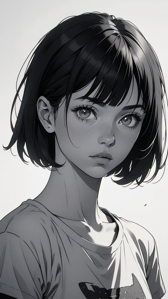 1 boyish girl, solo, sharp eyes, expressionless, monochrome, greyscale, short black hair, portrait, white T-shirt, closed mouth, looking at viewer, graphite \(medium\), detailed lips, hatching \(texture\), without makeup, bangs, upper body, (best illustration), (best quality), (very detailed), (masterpiece), expressionless,