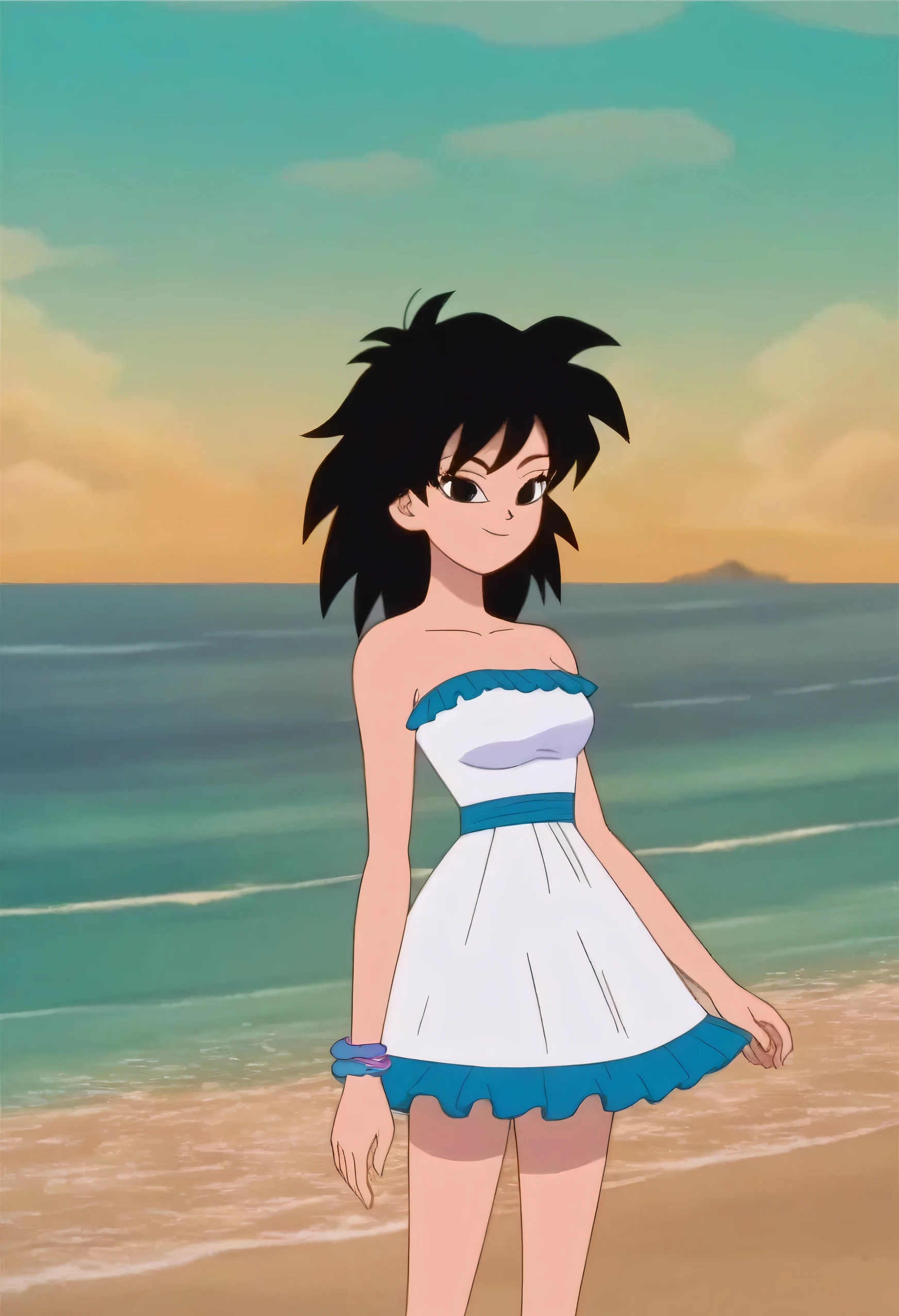 ginedb, anime screencap, 1girl, solo, looking at viewer, smile, medium breasts, black hair, beach, ocean, bare shoulders, small breast, smile, standing, cowboy shot, medium hair, black eyes, spiked hair, eyelashes, masterpiece, best quality, very aesthetic, absurdres, strapless, white dress, white ruffle off the shoulder top, white maxi skirt, blue skies, street, standing, cowboy shot,