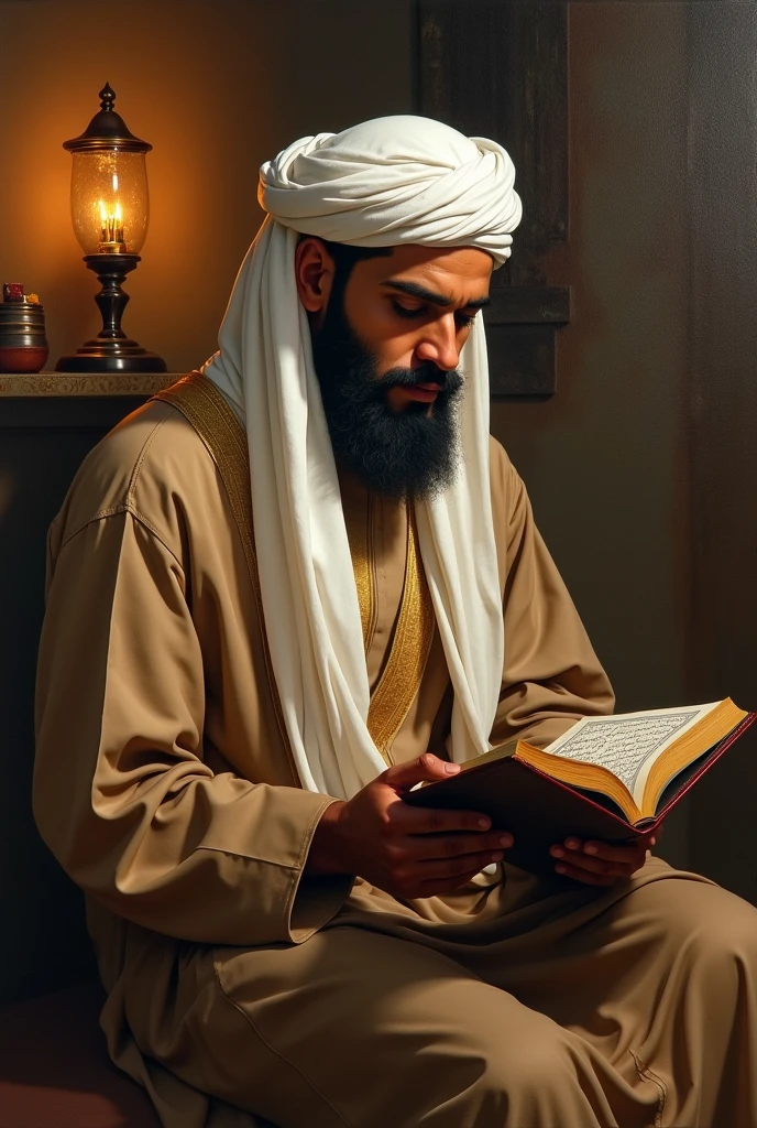 oil painting depicting Ubay bin Ka'ab, a friend of the Prophet Muhammad SAW, is reading the Qur'an with full devotion. Ubay ibn Ka'ab is depicted wearing a classic traditional Arab robe and posing seated in a simple yet meaningful room.. The background of the room should highlight the religious atmosphere with elements such as oil lamps or lanterns.. The details in the painting should emphasize the facial expressions full of appreciation and spiritual depth when reading the Qur'an.."
