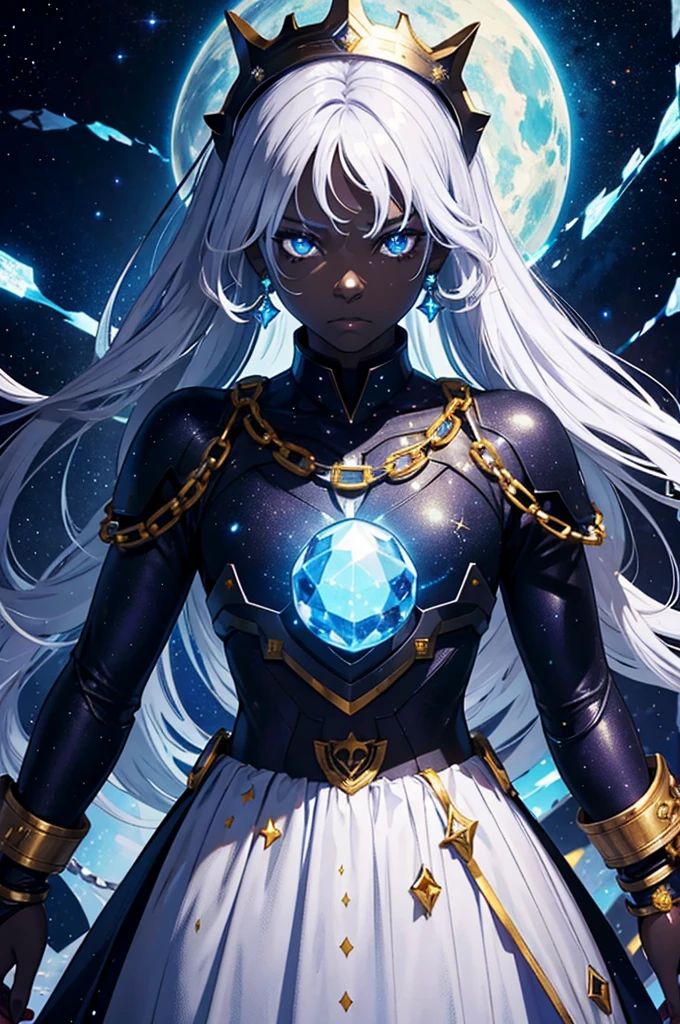 high quality, galactic looking girl, dark space skin filled with stars, white eyes without pupils, iron crown with blue gem, four arms, SERIOUS LOOK, without bodily features, unclothed, Medium Chest, golden chains around him, White hair,