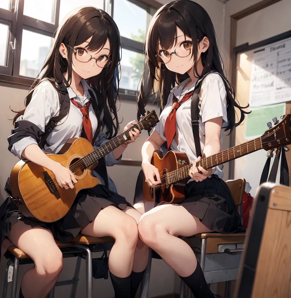 2 female, brown messed up long hair, brown eyes, age, chest, legs, school uniform, glasses, in school, guitar, music room