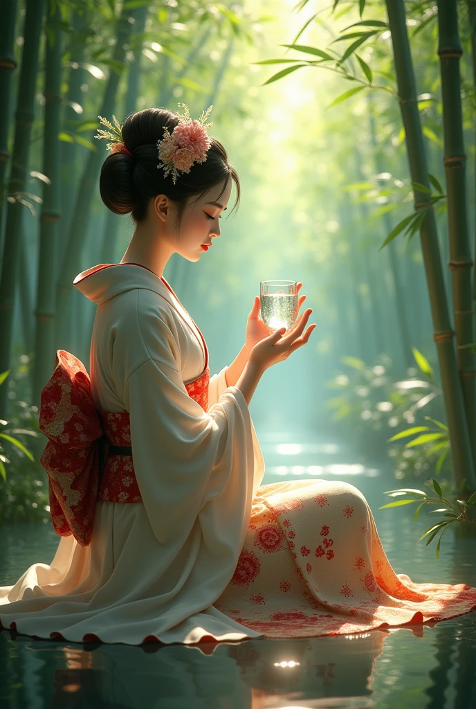 A geisha contemplating a bamboo forest with a glass of water.