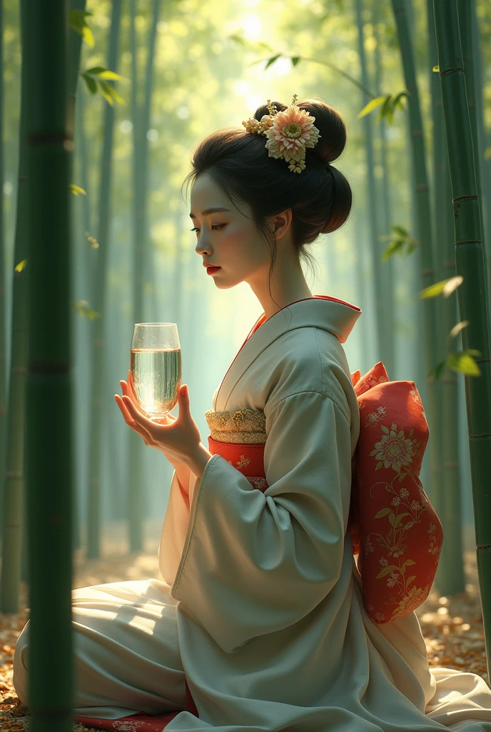 A geisha contemplating a bamboo forest with a glass of water.