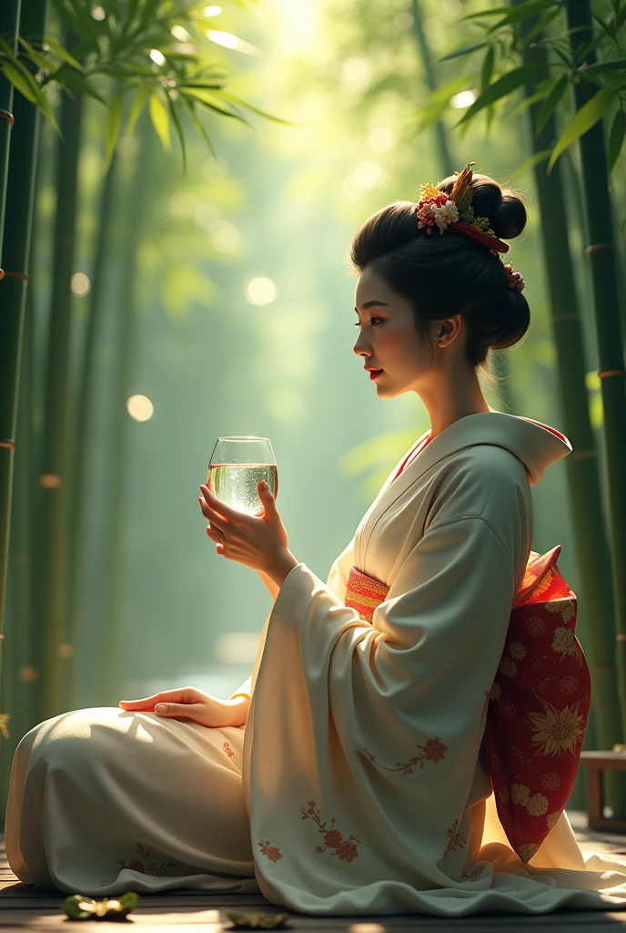 A geisha contemplating a bamboo forest with a glass of water.