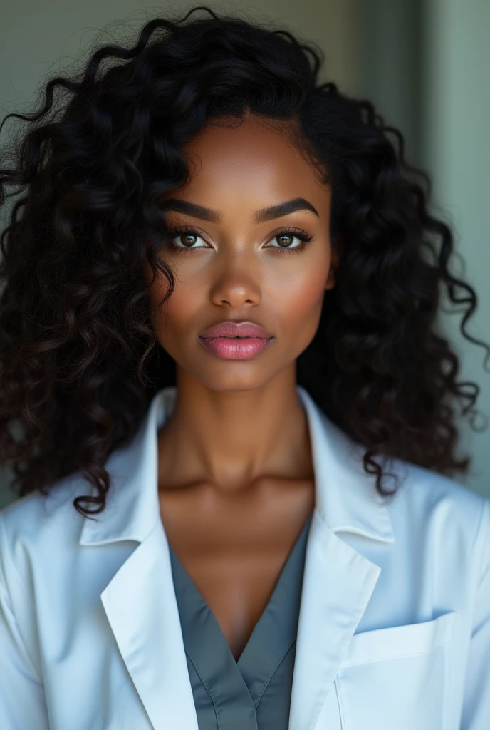 Young woman, black wavy hair black skin, eyes black, Full pink lips. She wears a psychiatrist&#39;s coat. 