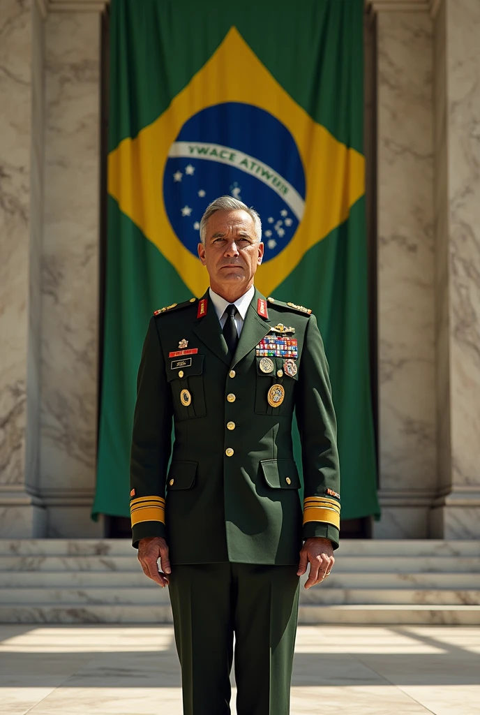 A military general of the Brazilian army in Brasilia at the Supreme Federal Court and behind the Brazilian flag