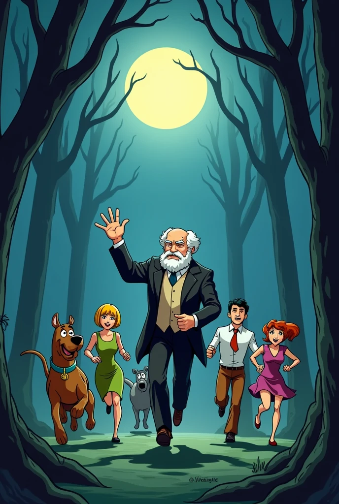 Fritz Perls, psychiatrist, slightly chubby, bald with white hair only on the sides, white bearded, bushy eyebrows, has some wrinkles. drawing version (in the style of drawing/animation "scooby doo"). He's with the Scooby Doo gang (scooby, The dog; velma, who has short dark hair, use your eyes, orange and red clothes; sausage, skinny man, Red-Haired, wears a green shirt with brown pants and is a bit hunchbacked; fred, tall, slightly muscular blond man, wears blue and white clothes; e daphne, beautfull woman, slender, redheadwear, who wears purple and green clothes) so everyone in a forest on a full moon night running from a pursuer (the stalker is sigmund freud, father of psychoanalysis, he wears a fancy suit, It's slender, is bald, tem white bearded e use your eyes redondo). everyone is scared running from freud.