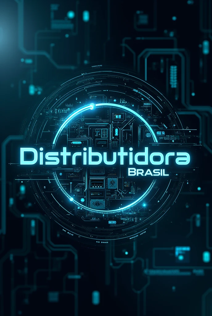 Create a logo with the name Distribuidora Brasil with a cybernetic background full of cinematic medicine boxes
