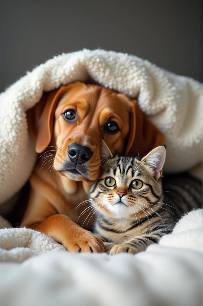 A dog and a cat in a bed covered