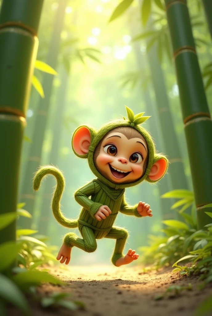 create me an animation of a cute monkey made of bamboo

