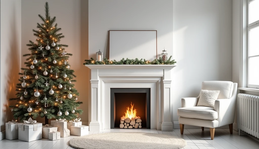 Christmas room with wall piano, fireplace, Luster, armchair, all white